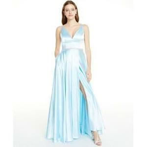 MSRP $199 Blondie Nites Juniors' Embellished Faux-Wrap Gown Blue Size 0